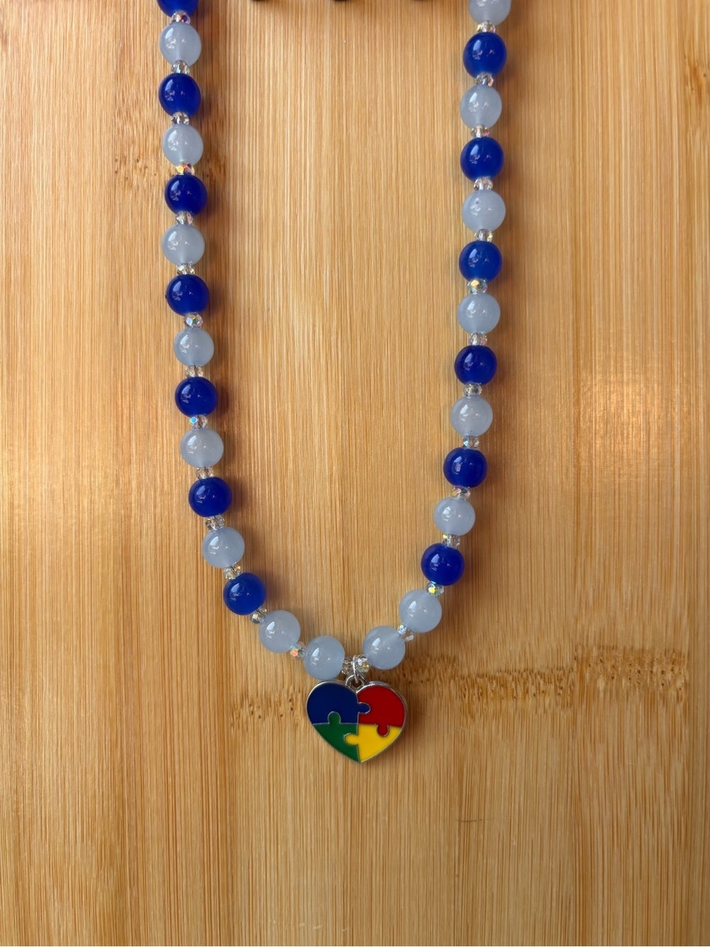 Blue and Light Blue Beaded Necklace with Autism Awareness Puzzle Heart Pendant